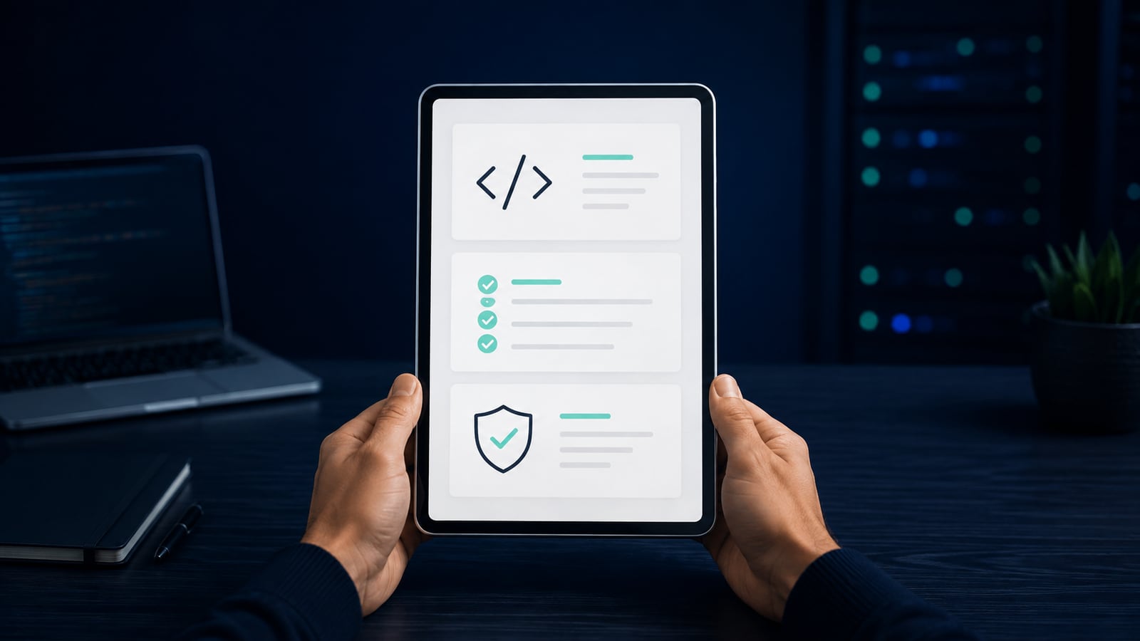 Symbolbild zur Softwarequalität: Ein Tablet mit Codeprüfung, Test-Checkliste und Schutzschild für sichere Anwendungen.