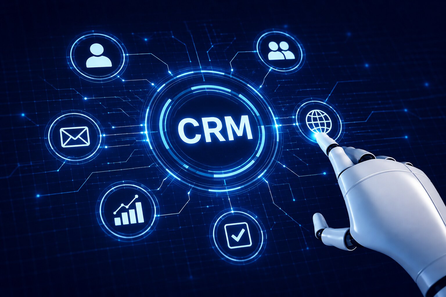 Roboterhand bedient ein digitales CRM mit Symbolen für Kunden und Kommunikation