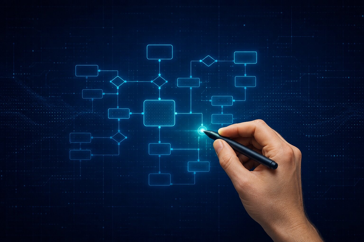 Eine Hand ordnet leuchtende, verbundene Ablaufdiagramme auf einer dunklen digitalen Planungsfläche an