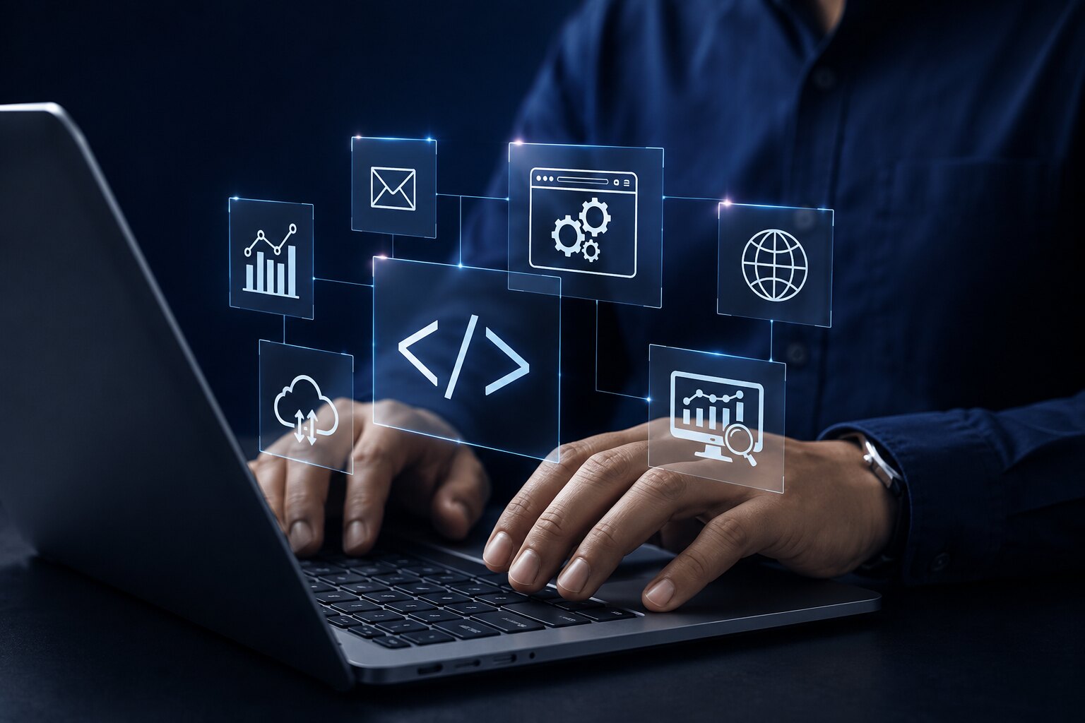 Person am Laptop mit schwebenden Symbolen für Code, Cloud und vernetzte Software